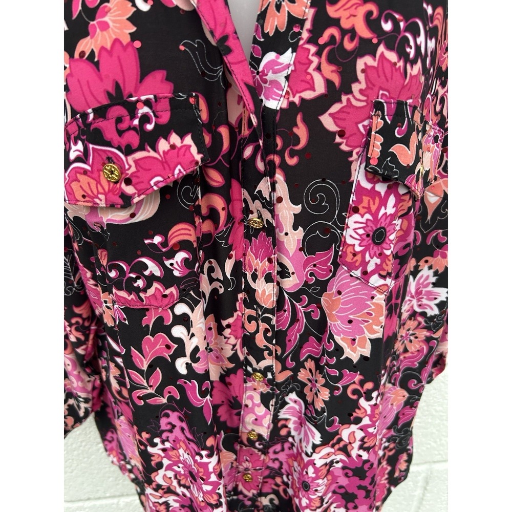 Emily Daniels XL Black Pink Floral Collared Sequin Button-Up 3/4 Sleeve Blouse - Picture 13 of 14